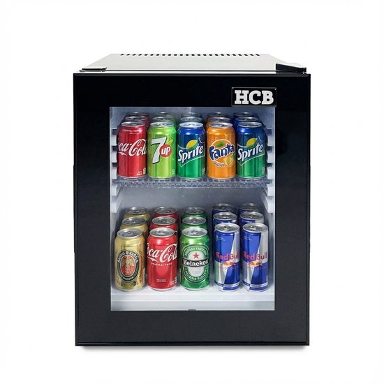 HCB® - Professionele Horeca Minibar koeling - 32L - Mini Koelkast met glazen deur - Kleine drankenkoelkast - D - Zwart - Flessenkoelkast - Bier koelkast - tafelmodel - 45.2x38.5x48.6 cm (DxBxH) - 11 kg - Frigo - 9967