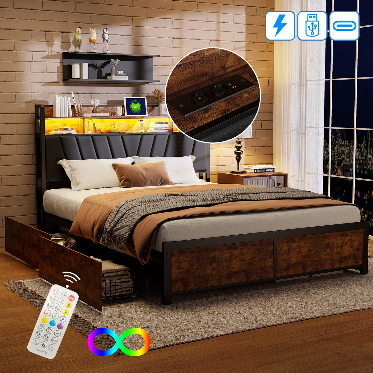 Opbergbed 160x200 cm met LED & USB – Metalen/Houten Bed met 4 Lades en Hoofdbord met Opbergruimte, Zwart