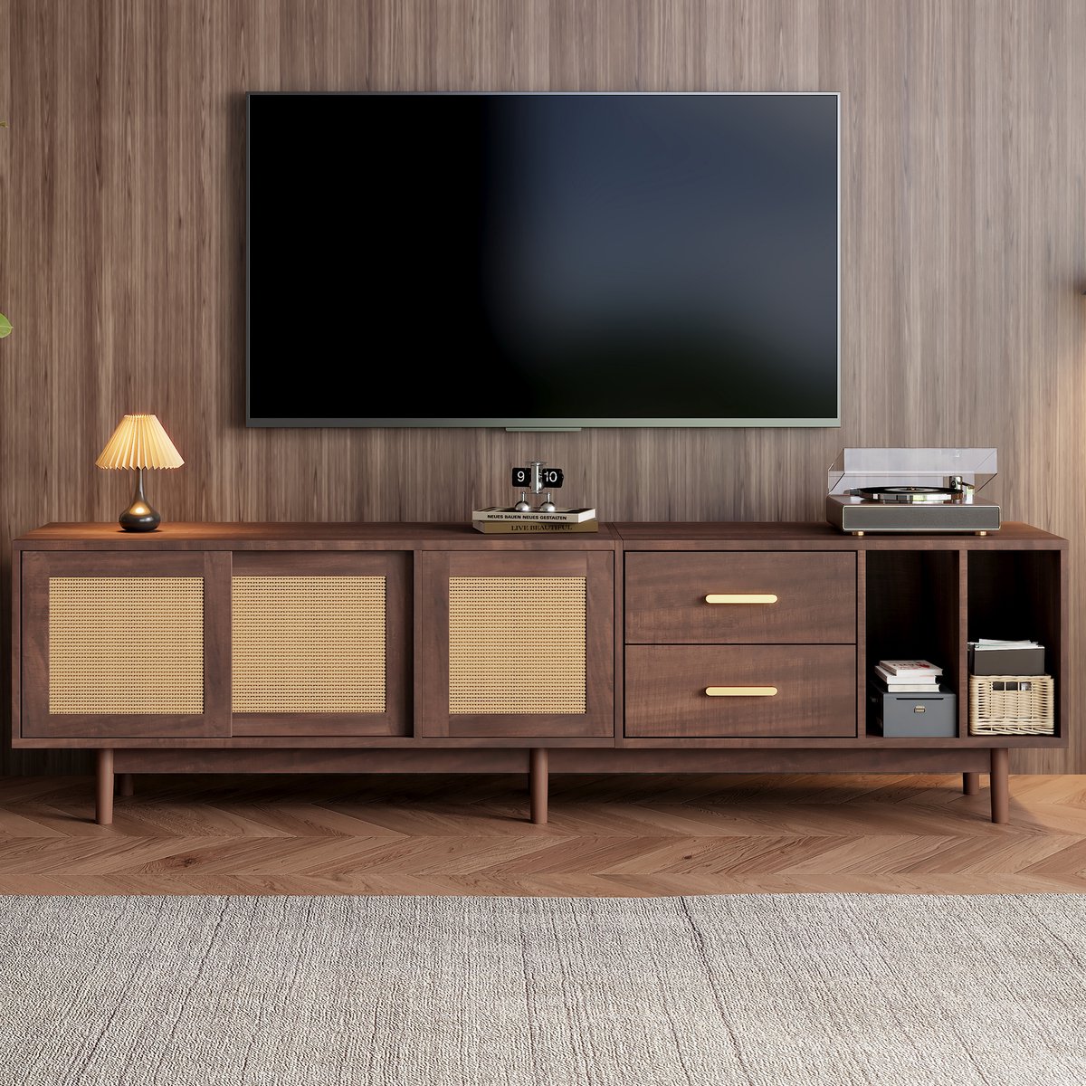 REDOM TV-meubel 190 x 40 x 52 cm van MDF en rattan, 3 deuren met schuifdeuren en 2 laden, 6 pootjes Bruin
