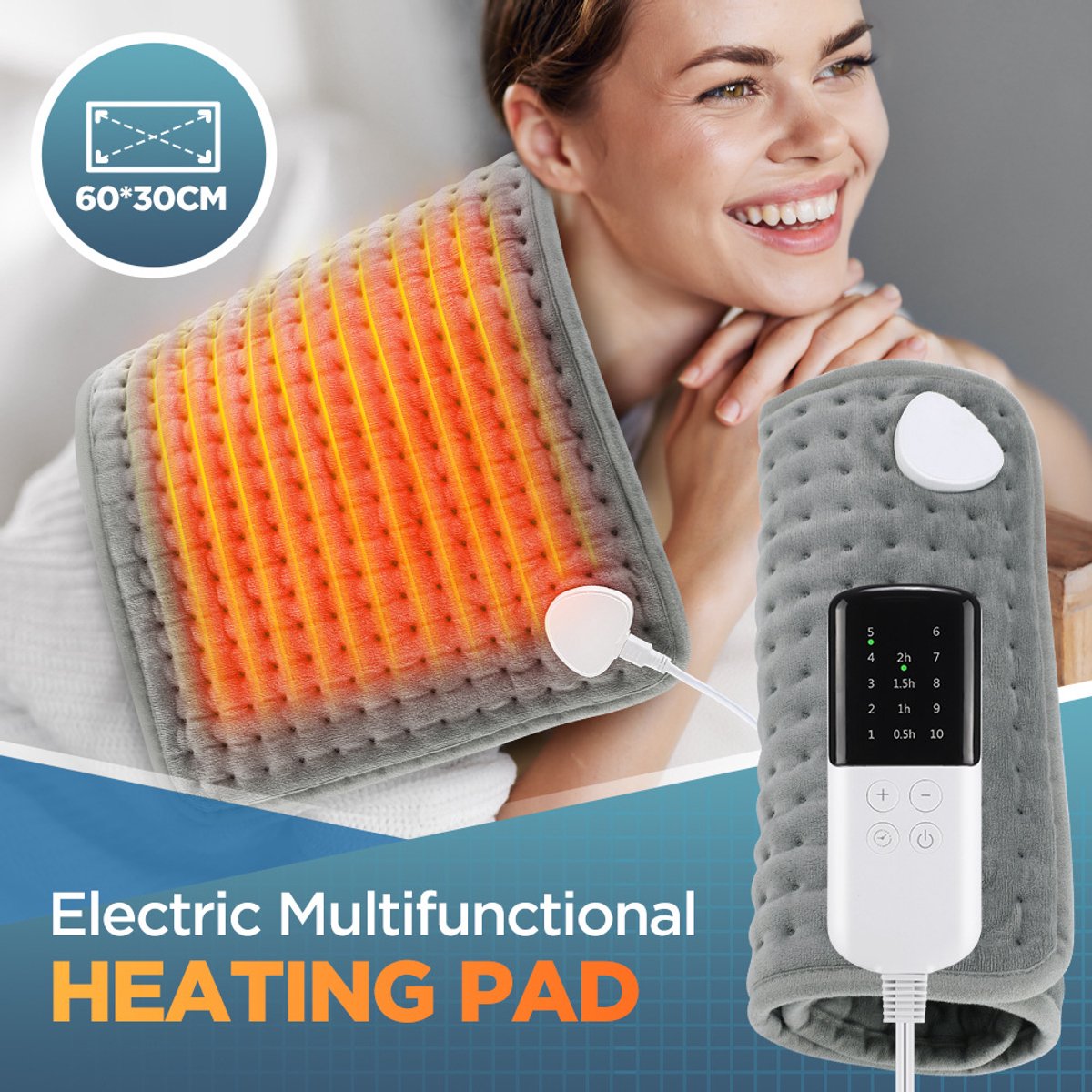 Therapeutisch verwarmingskussen met tien standen, multifunctioneel te gebruiken als lichaamsverwarmer, buikverwarmer, wasbaar en geschikt als verwarmend zitkussen.