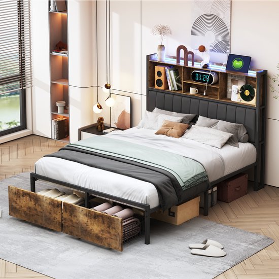 Tweepersoons Metalen/Houten Bed 140x200 cm – Hoofdbord met LED & Opbergruimte, 2 Lades Voeteneinde, USB-oplaadpoort, Zwart