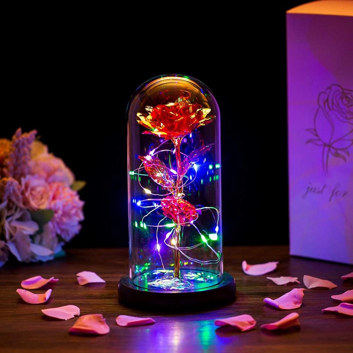 Roos in Glazen Koepel met LED Verlichting – Eeuwige Kristal Roos als Romantisch Cadeau voor Herinneringen