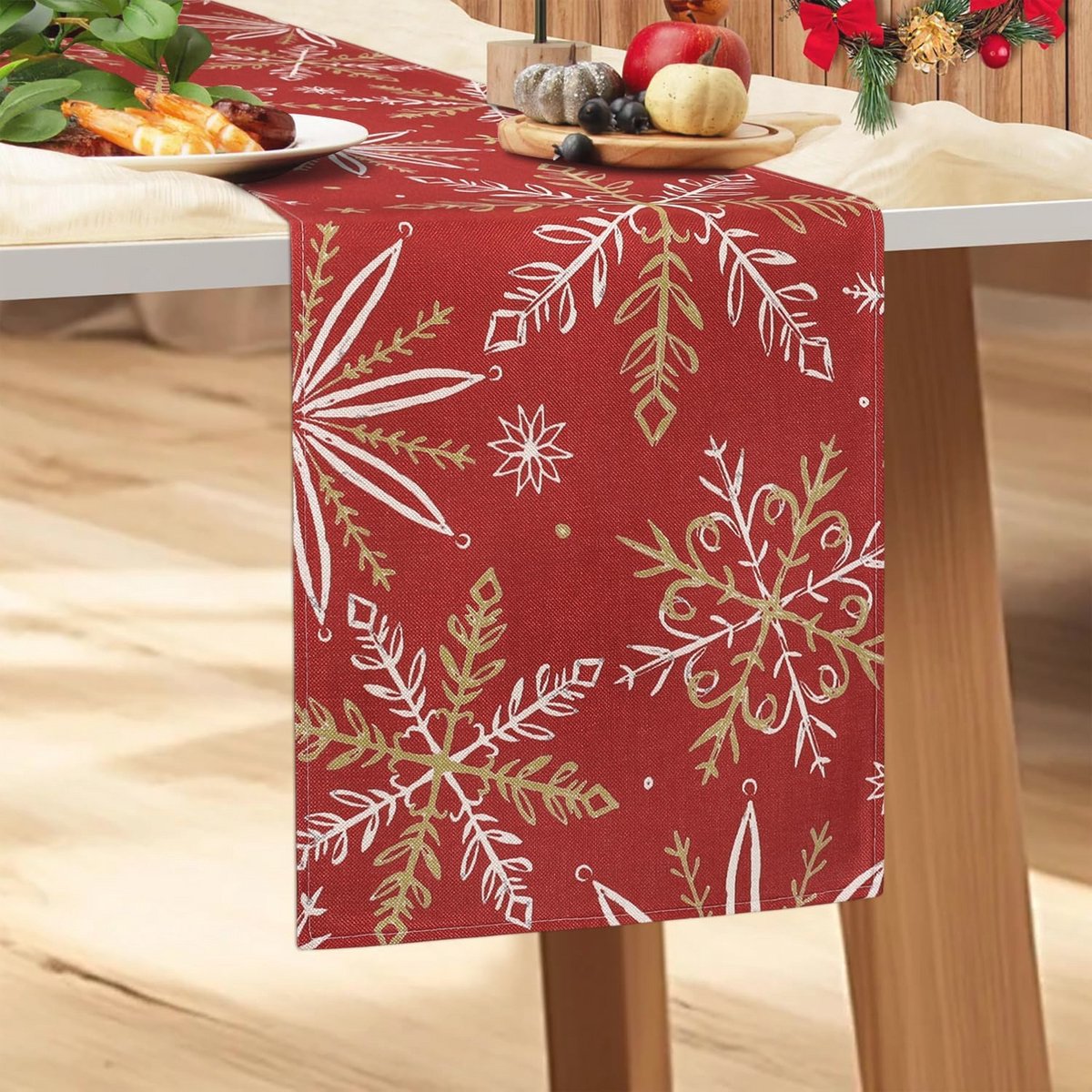 Tafelloper Kerstmis Rood Wit Sneeuwvlok 33 x 183 cm
