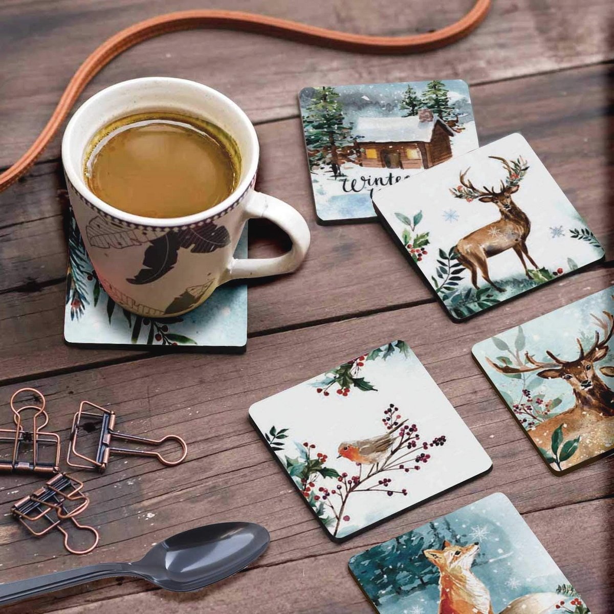 Set van 6 Decoratieve Onderzetters met Kurken Basis - 4" Vierkante Gedrukt