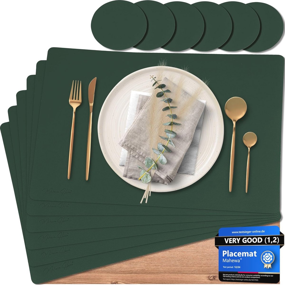 Set van 6 premium afwasbare en waterdichte placemats in lederlook (vierkant, grenengroen)