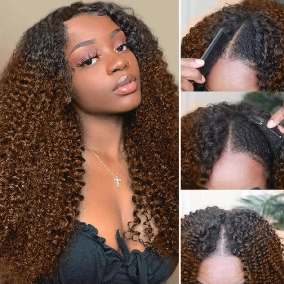 Ombre Bruine Krullende V-Part Peruken voor Vrouwen - 16 Inch met Highlights