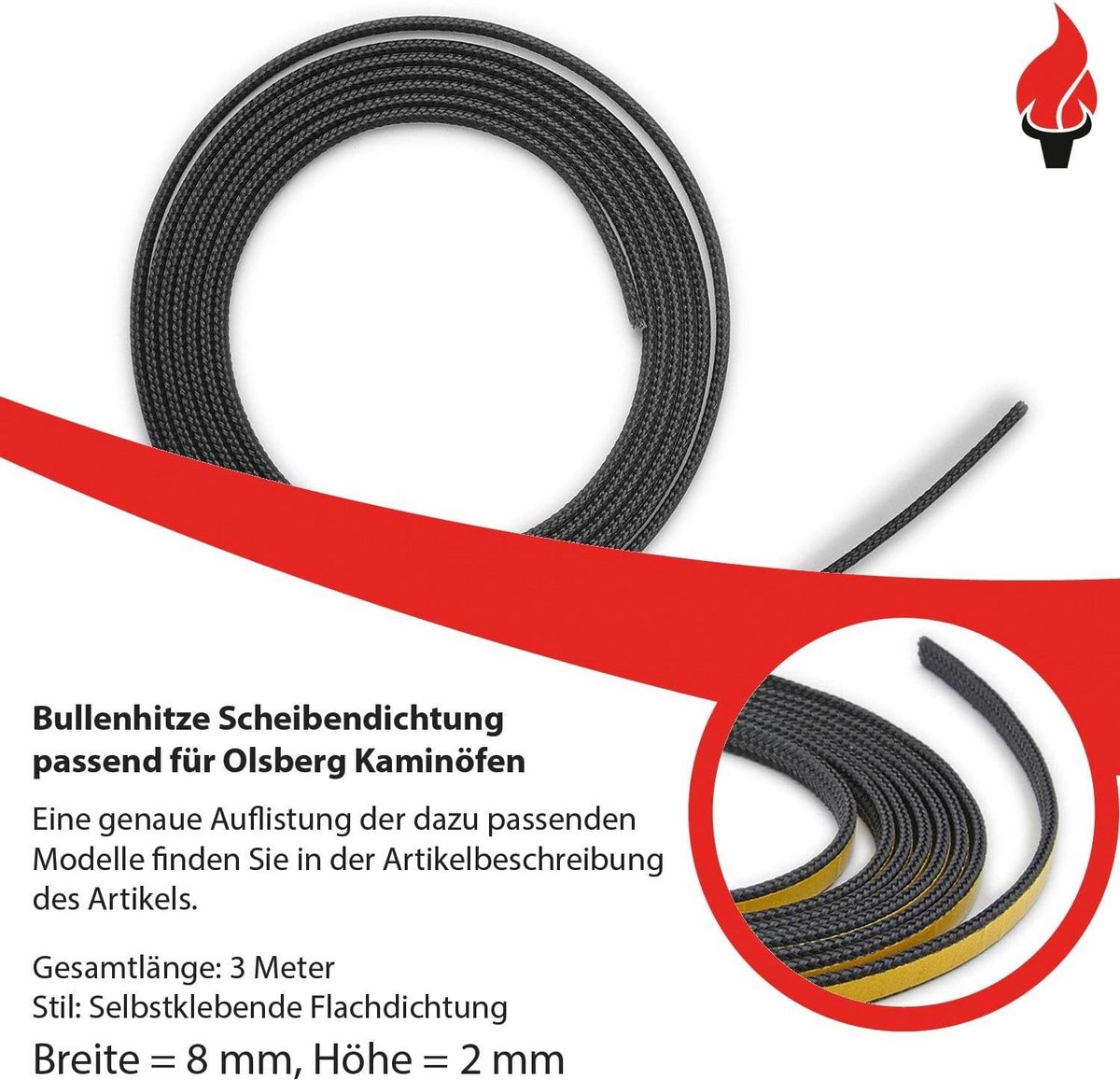 Zelfklevende schoorsteenafdichting 3 m, 8 x 2 mm - Vuurvast en asbestvrij