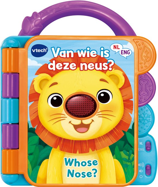 VTech baby boekje met leeuw op de voorkant. Blauw, oranje en paars met een paarse handgreep. Met teksten 'Van wie is deze neus?' en 'Whose Nose?'.