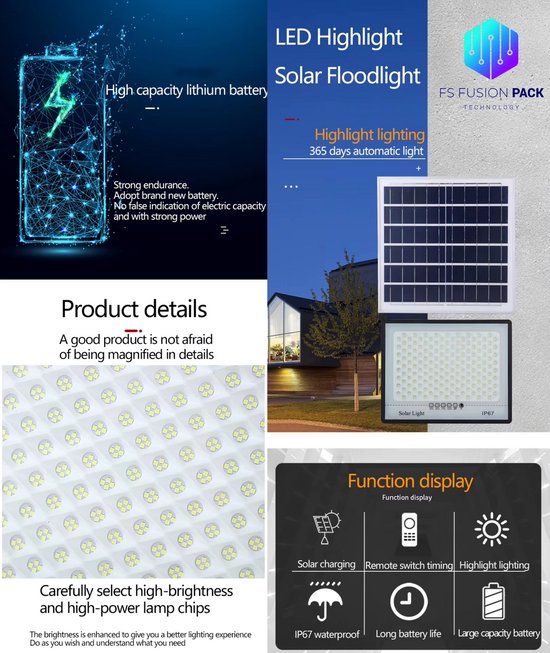 Solar LED schijnwerper naast een zonnepaneel, met een weergave van een batterij.