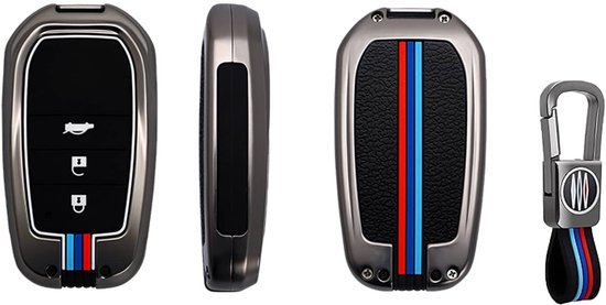 Vier weergaven van een grijze autosleutelcover met tri-color strepen en een sleutelhanger.