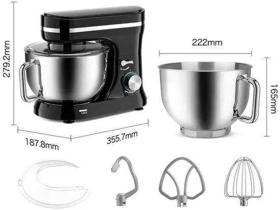 ACEP Elecktrische keukenmixer - 4.5 L - Keukenmachine - Zwart - Keukenrobot - 1000W - Keukenmixer met mengkom - RVS - 8 Snelheden van Merkloos — afbeelding 2
