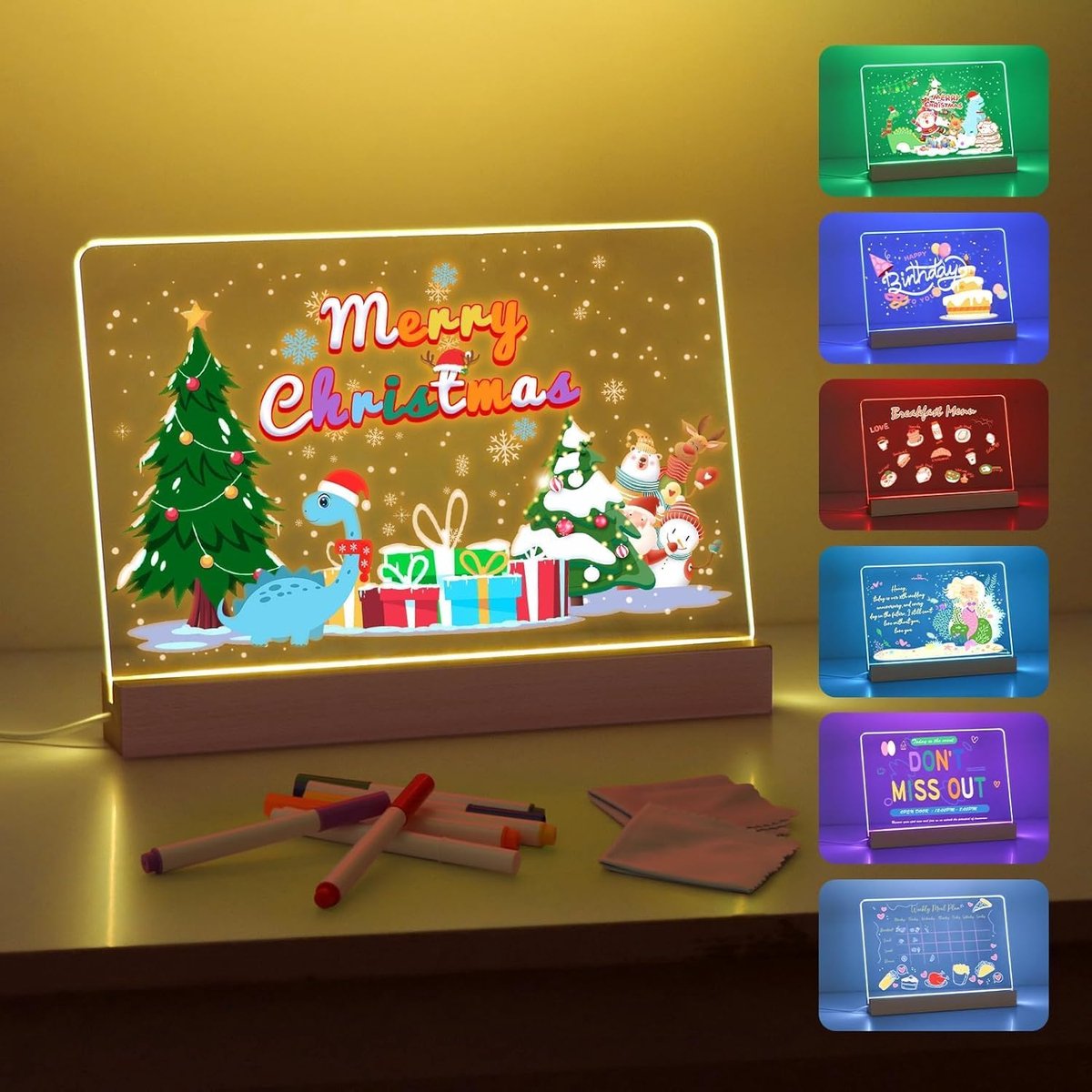 Tekentablet - Tekentablet kinderen - Memobord - Lichtgevend LED-tekenbord -Droog Wisbaar Bord Memobord voor Kantoor - Café - School - Cadeau - Tekenen & kleuren - DIY- 7 marker -Presentaties Kerstcadeau-Sinterklaas-Nieuwjaar - 30*20CM