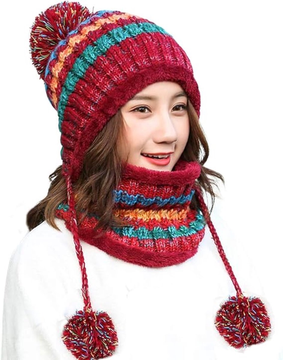 Ronde sjaal set voor dames winter - met pompoms - sjaal set voor dames winter - warme verdikte gehaakte muts - warme pluchen gebreide muts - rood