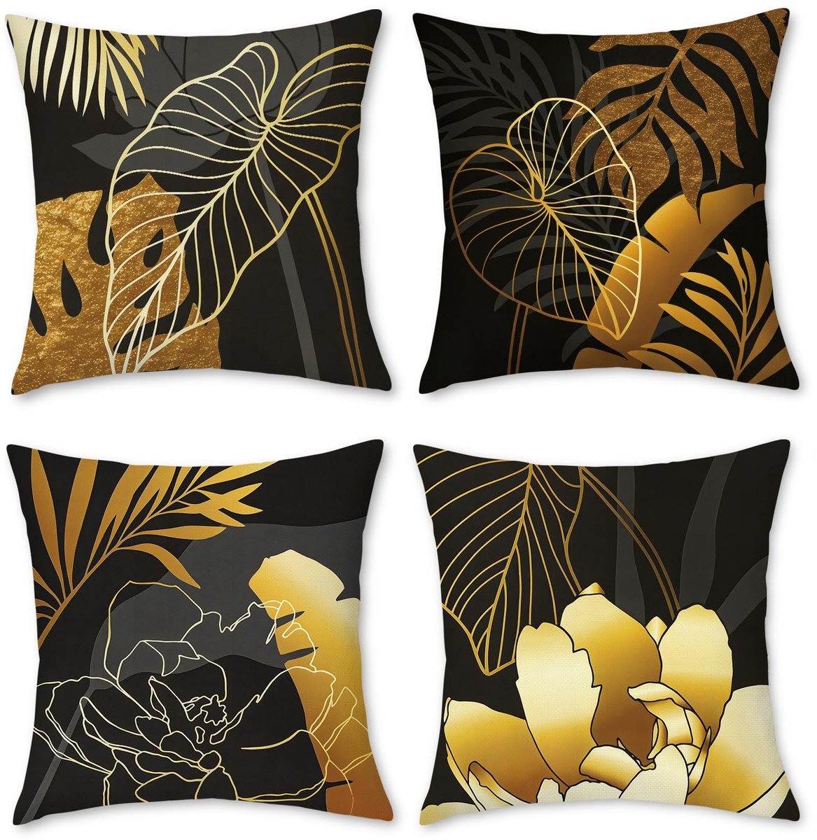 Unyqoos Set van 4 decoratieve linnen kussenslopen met goudkleurig bloemenpatroon