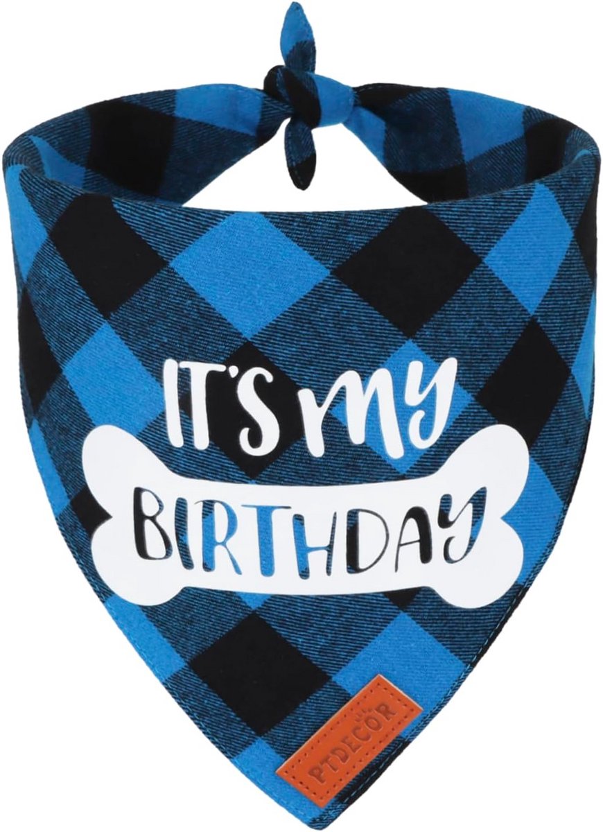 Honden Verjaardag Bandana Blauw Geruit 'It's My Birthday' Halsdoek voor Puppy en Hond