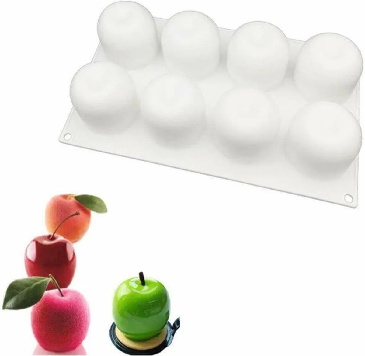 8 siliconen bakvormen voor appels, mousse, vruchtentaart en chocolade.