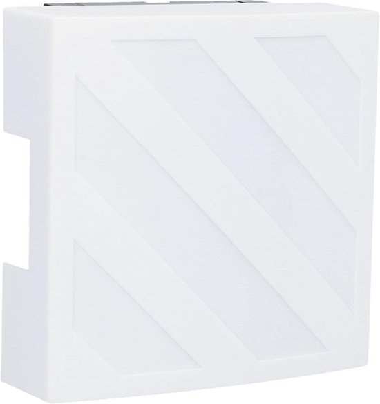 Zijaanzicht van de witte deurbel met een geometrisch patroon van diagonale lijnen.