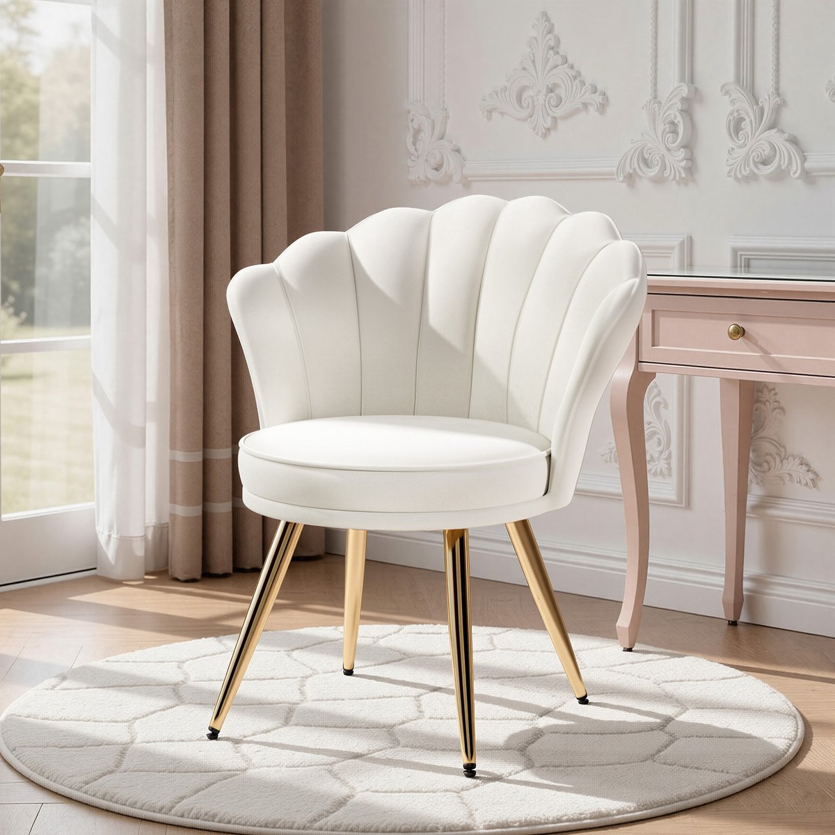Moderne Accentstoel Fluweel, Gestoffeerde Fauteuil met Gouden Metalen Poten, Elegante Kaptafelstoel voor Woonkamer, Slaapkamer of Make-uphoek – Wit