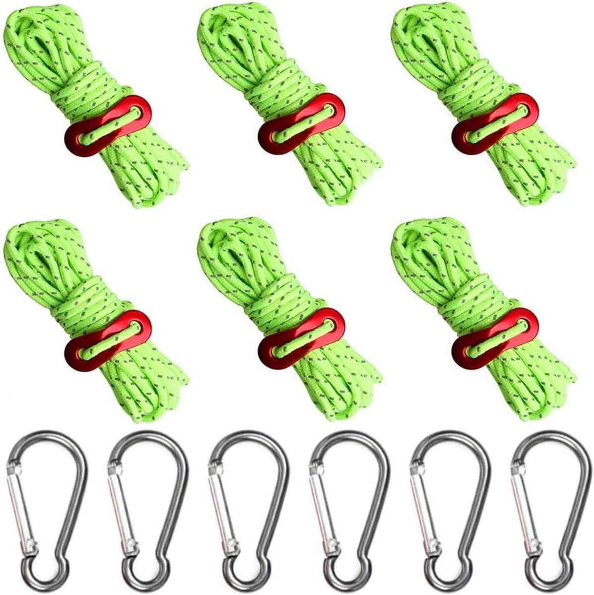 Allecta - Reflecterende Tent Touw Set voor Luifel Camping - 6 stuks Reflecterend Koord 4 mm - Aluminium Spanner - Tent Gids Touw - Fluorescerend Groen - 6 Karabijnhaken