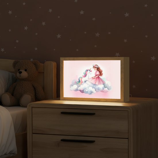 Nachtlampje 30x20 cm - Kinder lampje - Eenhoorn - Prinses - Unicorn - Roze - Wolken - Tafellamp kinderkamer - Slaapkamer lamp - Bedlamp kinderen - Kinderlampje stopcontact - Wandlamp babykamer - Nachtlampjes van Merkloos — afbeelding 2