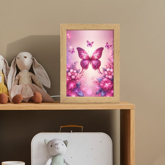 Nachtlampje 15x20 cm - Kinder lampje - Vlinder - Roze - Bloemen - Tafellamp kinderkamer - Slaapkamer lamp - Bedlamp kinderen - Kinderlampje stopcontact - Wandlamp babykamer - Nachtlampjes van Luzifi — afbeelding 3