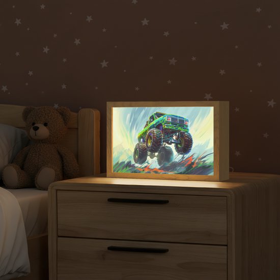 Nachtlampje 30x20 cm - Kinder lampje - Monstertruck - Auto - Jongens - Groen - Tafellamp kinderkamer - Slaapkamer lamp - Bedlamp kinderen - Kinderlampje stopcontact - Wandlamp babykamer - Nachtlampjes van Merkloos — afbeelding 2