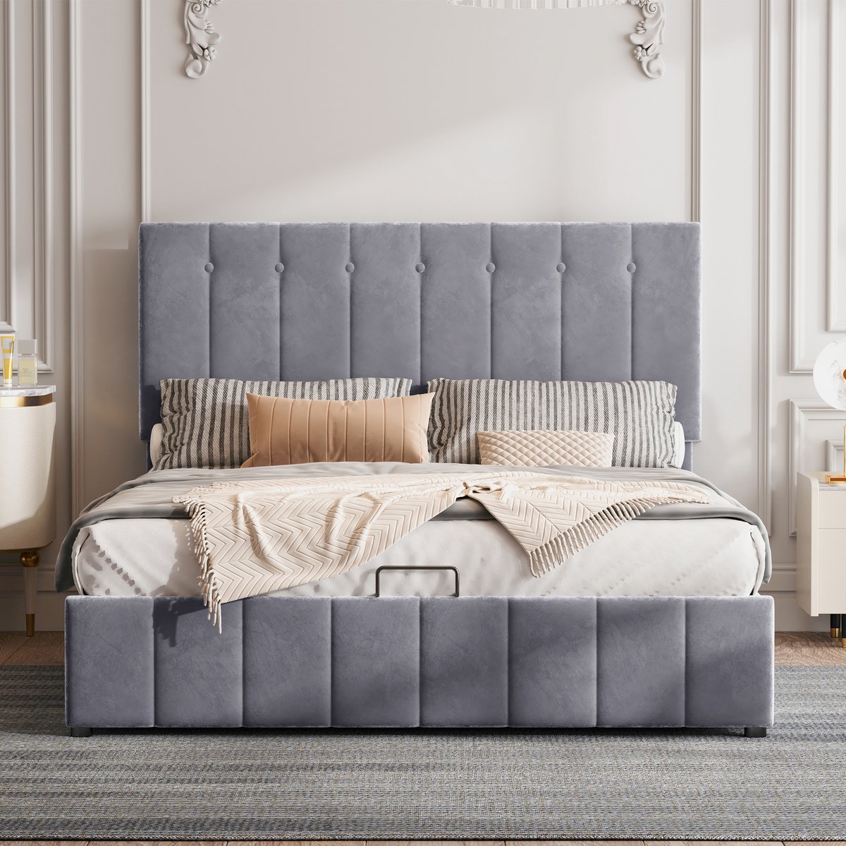Wishdor Gestoffeerd Bed 140x200 cm – Met Hydraulische Lift – Verstelbaar Hoofdbord – Slimme Ruimtebesparing – Fluweel – Grijs