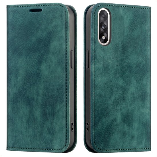 Groen imoshion telefoonhoesje in boekstijl, gesloten en open met zicht op de camera-uitsparing.