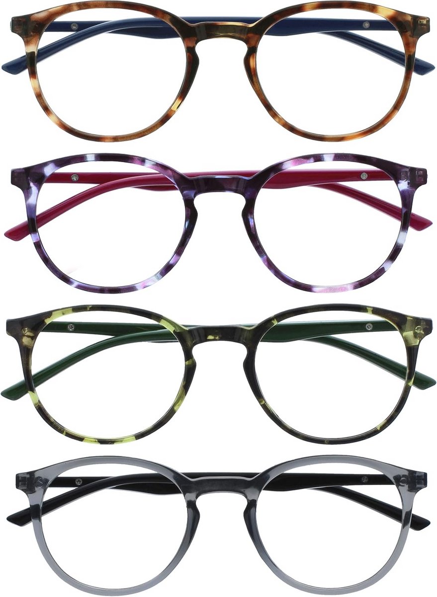 4-delige leesbrillen set met grote ronde monturen voor heren en dames - bruin, paars, groen en grijs