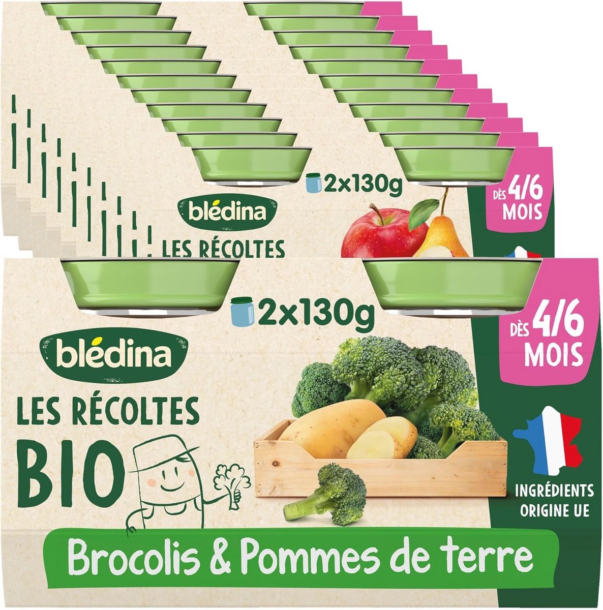 Biologische Babyvoeding - Broccoli en Aardappelen - 2 Kleine Containers - 4 tot 6 maanden - 2 x 130 g - 12 Stuks