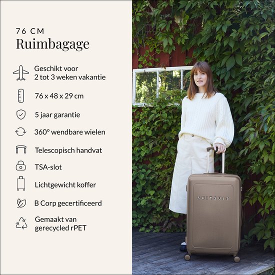 SUITSUIT Reiskoffer 76x48x29 - Reiskoffer met wielen - Veilig TSA cijferslot - Lichtgewicht koffer - Reiskoffer groot - 82L - Natura koffer Plaza Taupe - Bruin