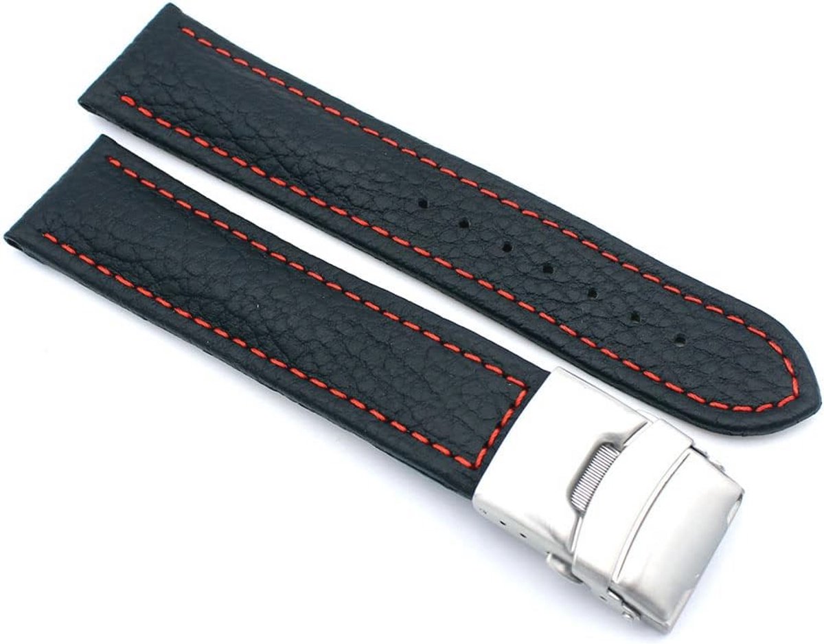 Echt leren horlogebandje met vouwsluiting van roestvrij staal en witte naad