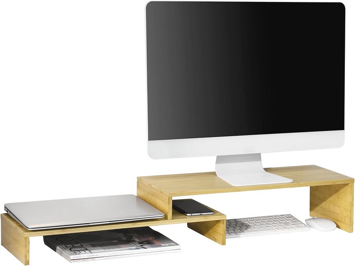 Ergonomische Monitorstandaard voor 2 Monitoren - Verstelbare Bamboo Monitor Riser