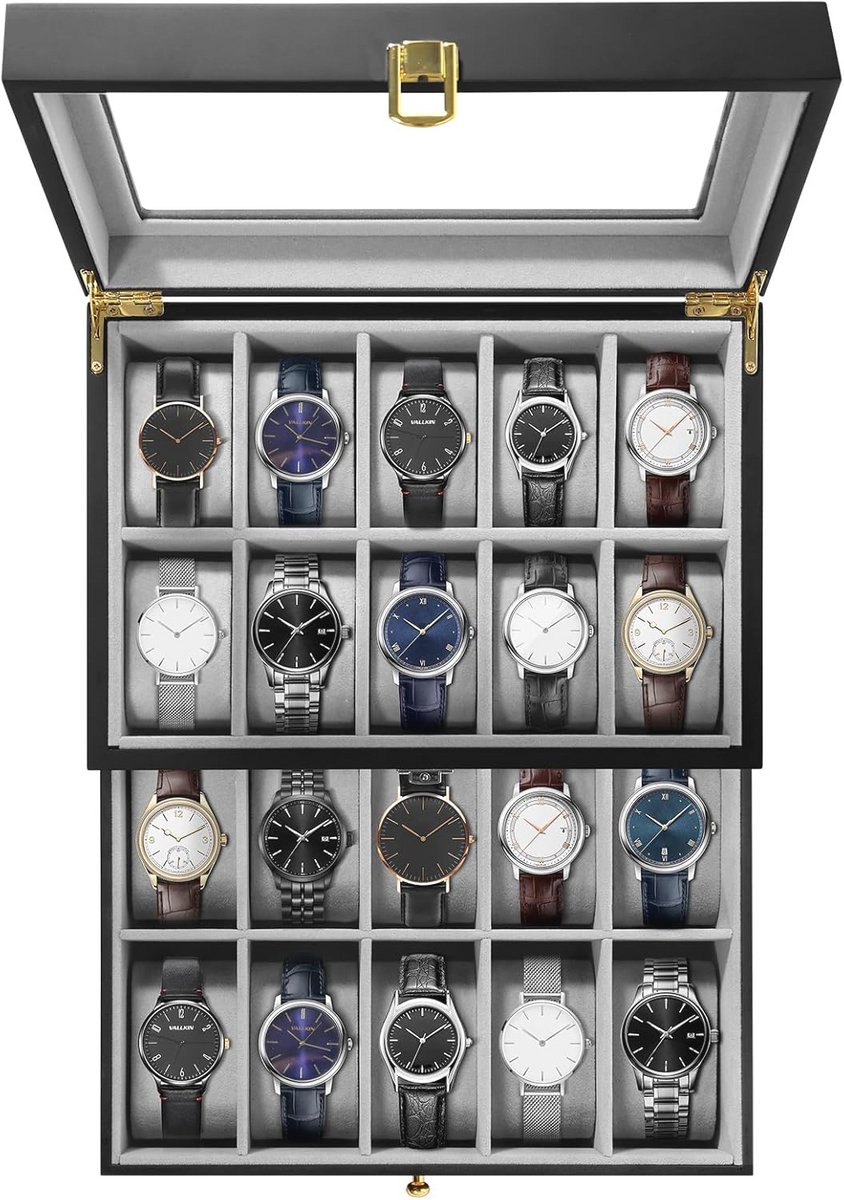 Horlogedoos voor 20 horloges met glazen deksel en 2 lagen