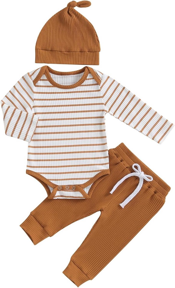 Babykleding Set Jongen Meisje 3-delig Katoen Romper Lange Mouwen Broek Muts Maat 0-18 Maanden