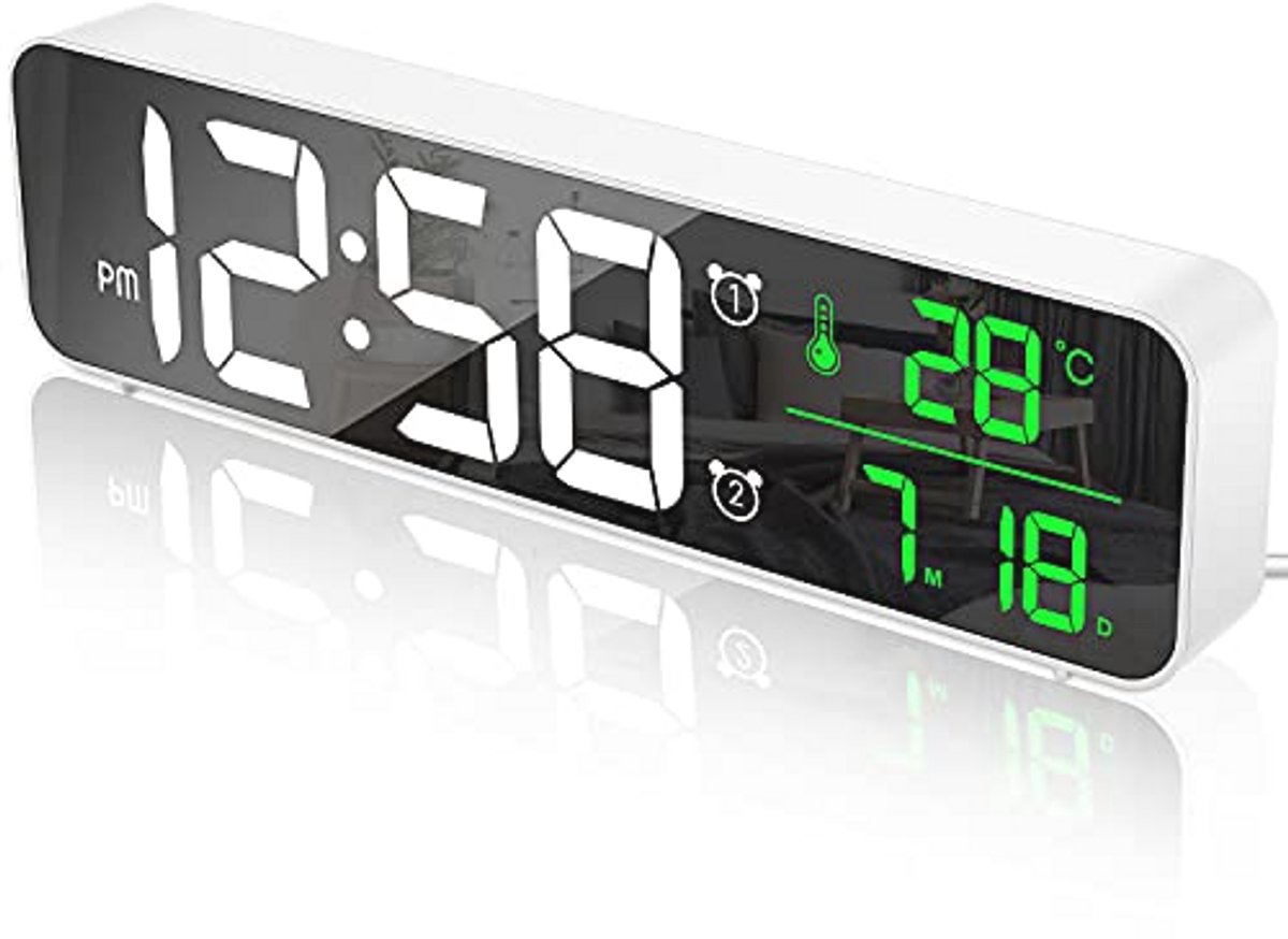 Digitale wekker met groot LED-display, temperatuurweergave, 2 alarmen en USB-lading