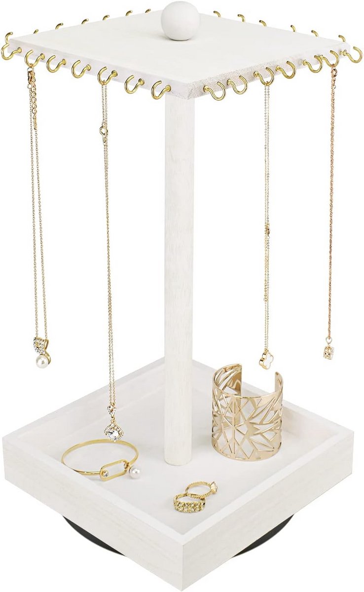 Houten Roterende Sieraden Organizer - Sieraden Display Toren voor Kettingen en Armbanden in Witte Kleur