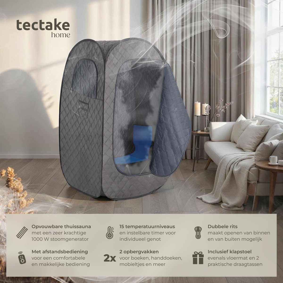 tectake® Mobiele Sauna ThermaLuxe I - Draagbare Stoomsauna - Stoomcabine met 15 Temperatuurstanden en Timerfunctie - Inclusief Afstandsbediening, Mat, Stoel en Draagtassen - Met Stoomverdeler voor Olieën en Geuren thumbnail 7