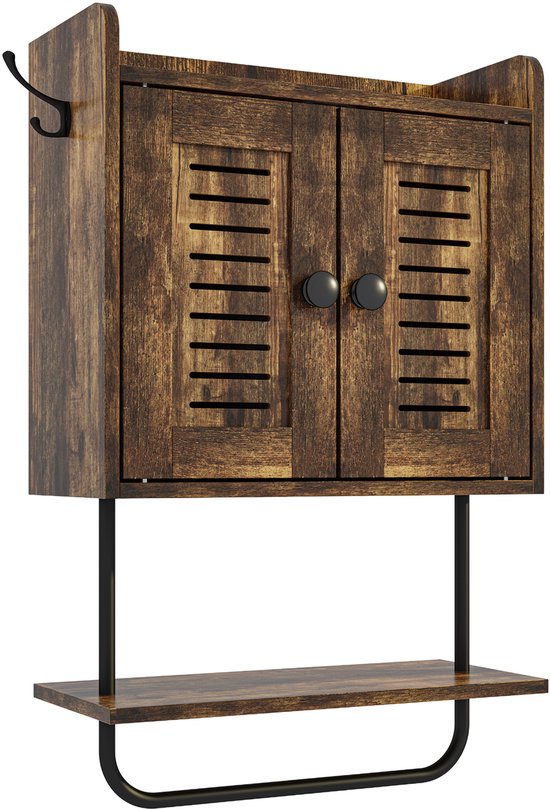Houten wandkast met twee deuren, twee zwarte knoppen, een plank en een handdoekrek.
