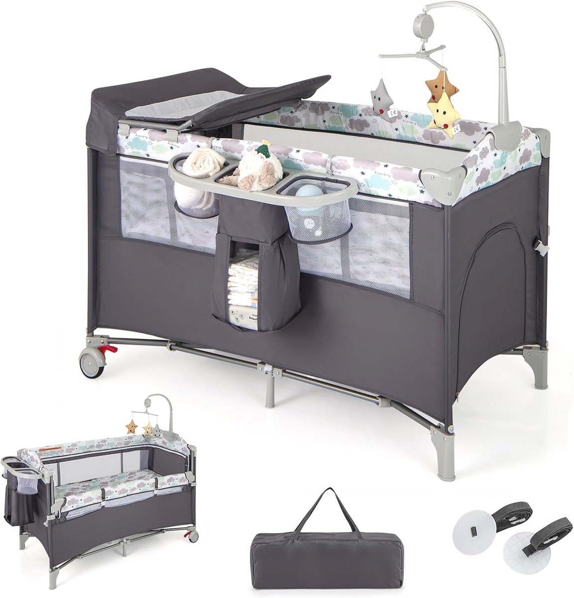 5-in-1 Opvouwbaar Cododo Babybed met Matras en Luiertafel - Multifunctioneel Reisbureau voor Kinderen 0-36 Maanden