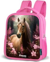 NoBoringSuitcases.com® - Rugzak roze - Schooltas meisjes - Goudbruin - Paard - Bloemen - Kinder rugtas meisje - Boekentas kind - Kinderrugzak voor school - Schoolrugzak