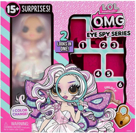 L.O.L. Surprise! OMG Eye Spy Series verpakking met pop, loep, slot en sleutel.
