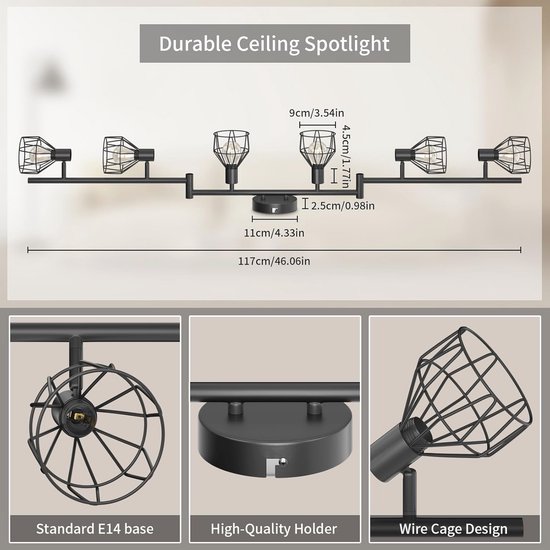 Zwarte Draaibare Plafondlamp met 6 Spots en E14-fitting voor Binnen | bol