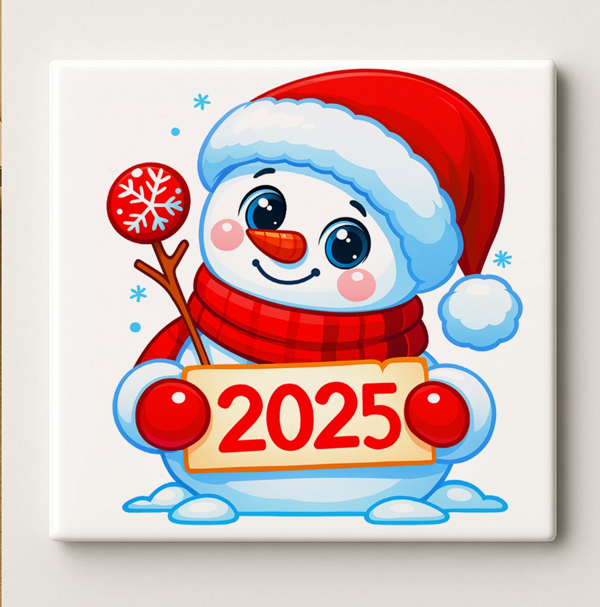 Nevolis 2025 Sneeuwpop Keramische Tegel – Schattige Nieuwjaar & Winter Wanddecoratie – Feestelijke Seizoensdecoratie – 15 × 15 cm Multi Color