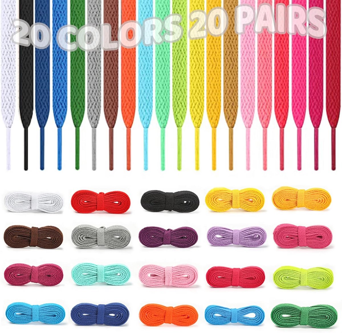 20 gekleurde platte schoenveters - Duurzame vervanging voor sneakers en laarzen - 120 cm