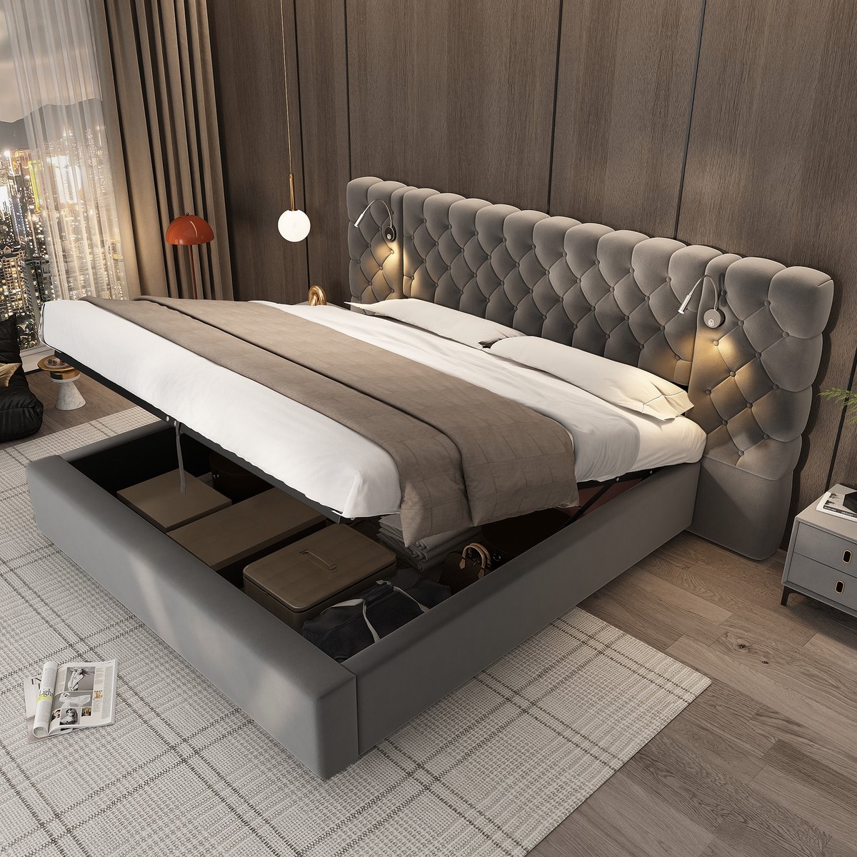REDOM Bedframe 160x200 cm – Fluweel grijs – Met groot hoofdbord, leeslampje & hydraulische