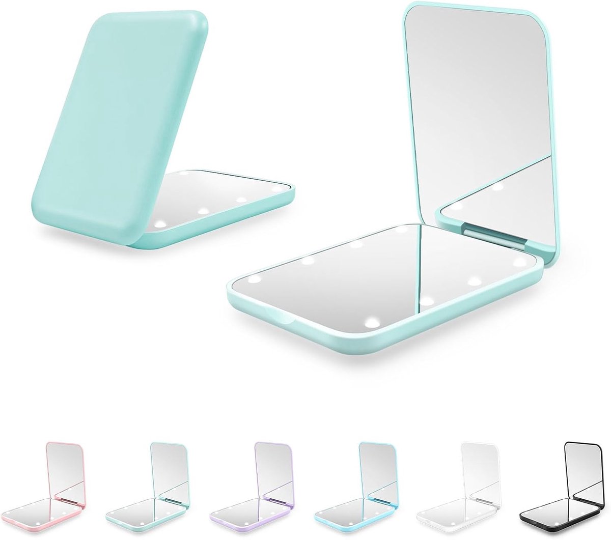 LED Make-up Spiegel - Opvouwbare Handspiegel - Zakspiegel - 2x Vergroting - 8 LED - Mintgroen