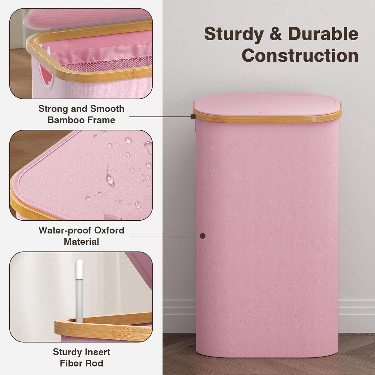 Ruime wasmand 100 liter met deksel en afneembare zakken – roze