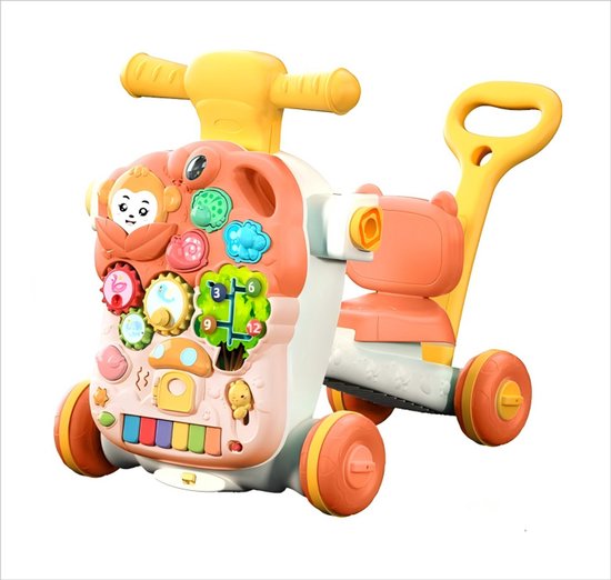 Trotteur rose et jaune avec panneau de jeu avec singe, champignon, chiffres et touches de piano, sur fond blanc.