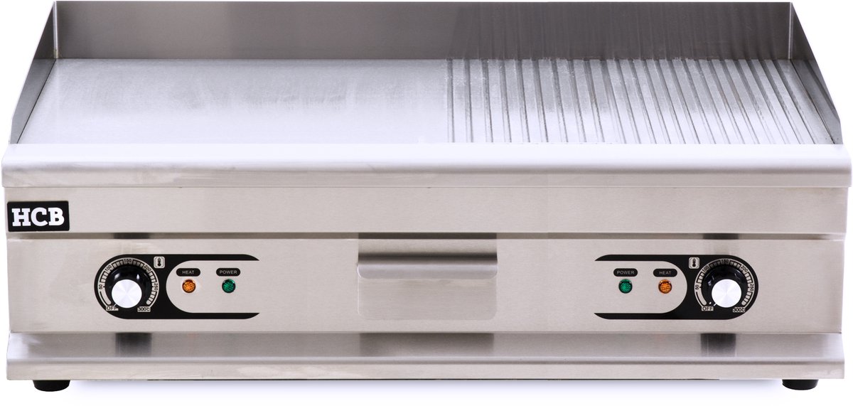 HCB® - Professionele Horeca Bakplaat - 1/2 geribbeld - 400V - RVS / INOX - Electrisch Grill apparaat - 52x100x33 cm (DxBxH) - 51 kg - 6850